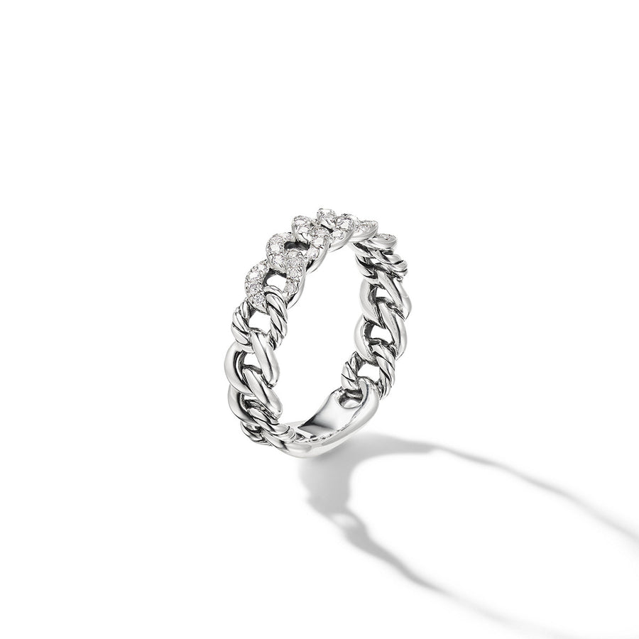 Belmont Curb Link Band Ring in Sterling Silver with Pave Diamonds