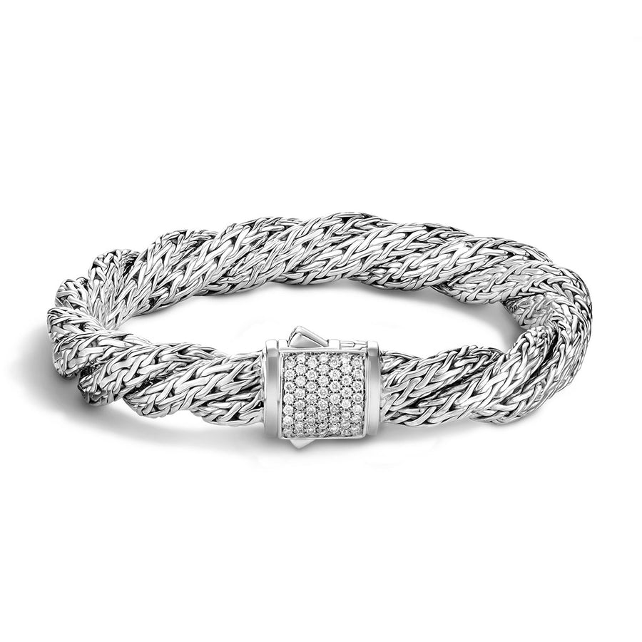 Twist Chain Silver Diamond Pave Medium Flat Bracelet