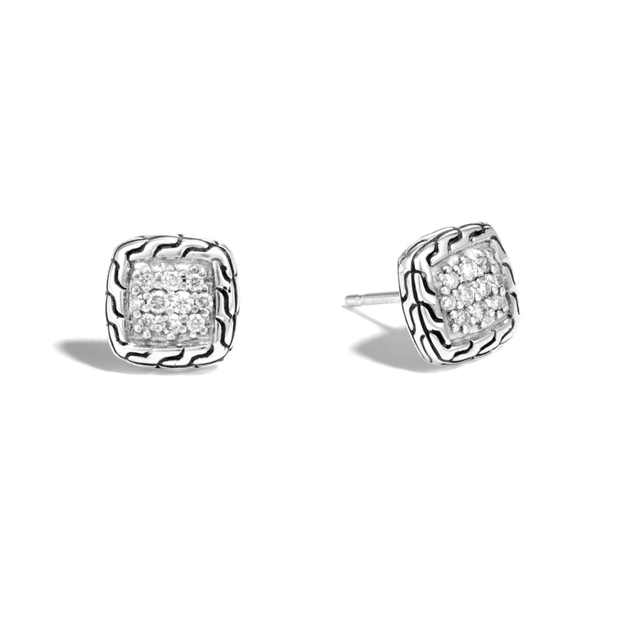 Classic Chain Silver Diamond Pave Stud Earrings