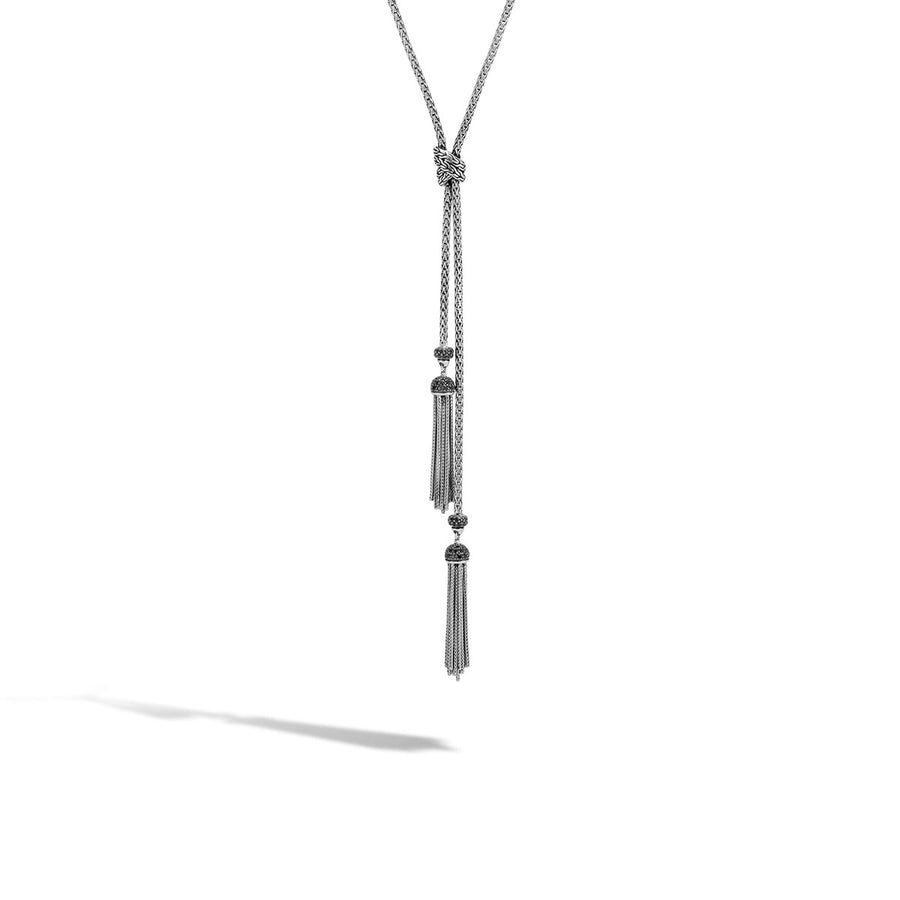 Classic Chain Silver Tassel Necklace with Treated Black Sapphire and Black Spinel