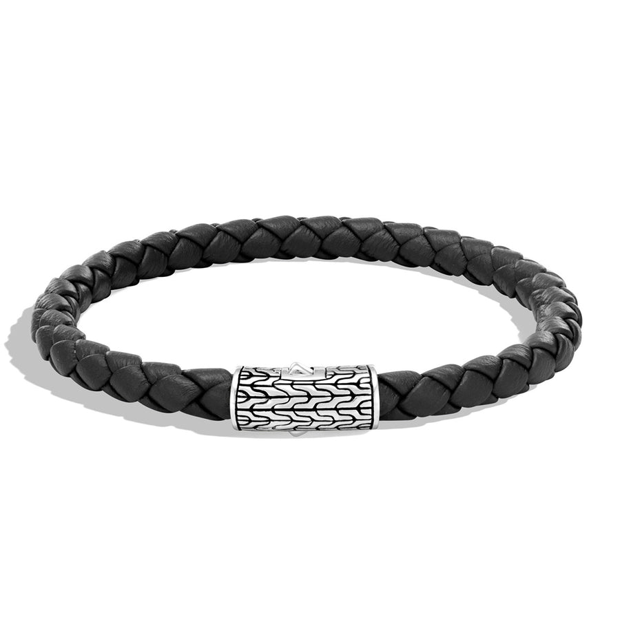 Classic Chain Silver Round Woven Bracelet on Black Leather Cord