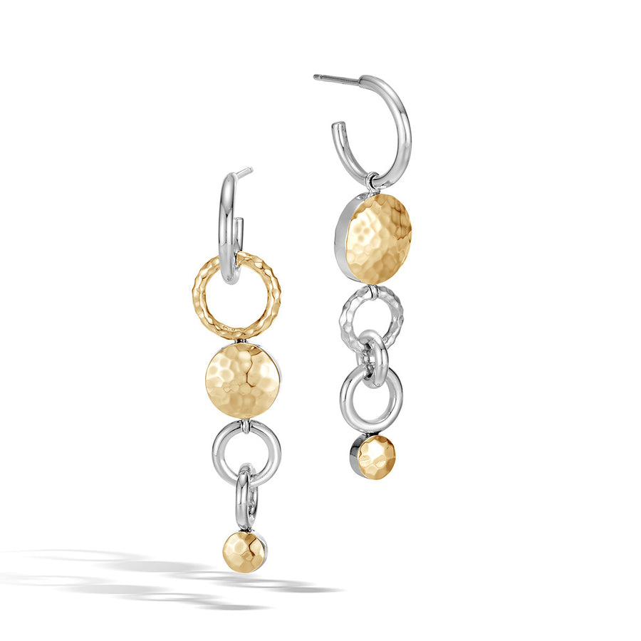 Dot Hammered 18K Gold and Silver Mismatched Interlink Drop Earrings
