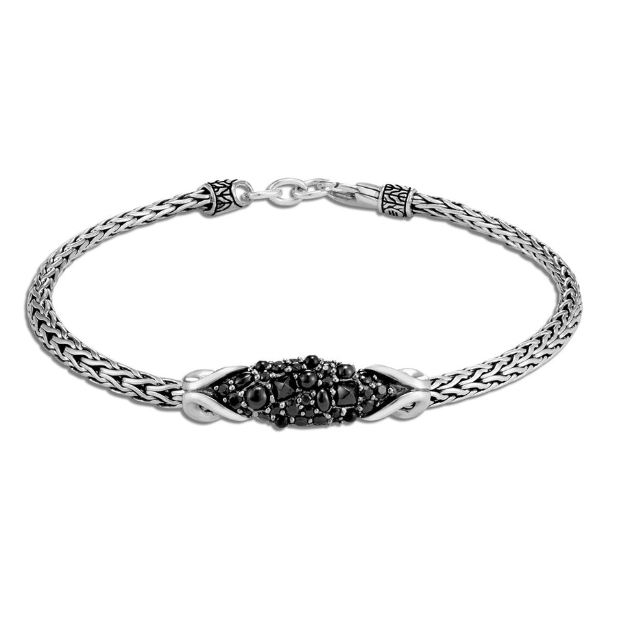 Asli Classic Chain Link Silver Slim Chain Bracelet with Treated Black Sapphire and Black Spinel
