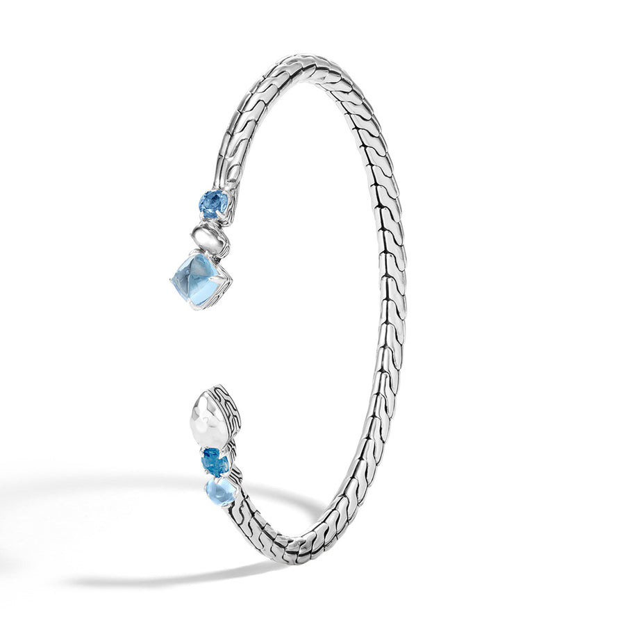 Classic Chain Hammered Silver Flex Cuff with London Blue Topaz, Swiss Blue Topaz and Silver Calcite